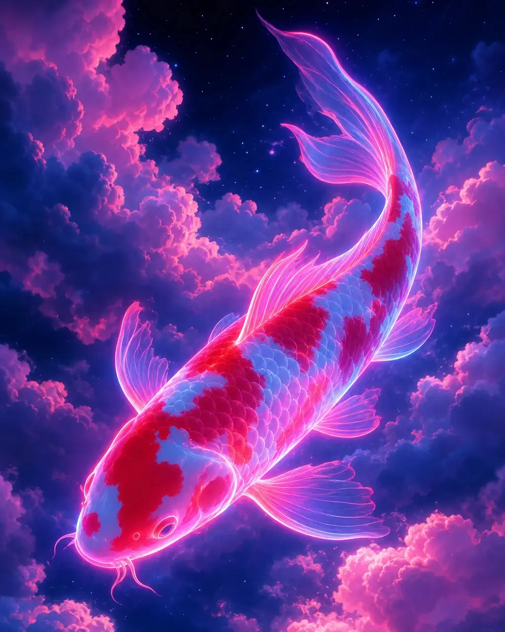 AI-generated neon koi swimming through clouds