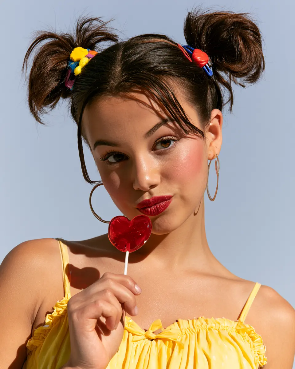 AI-generated portrait of a woman with messy buns holding a heart-shaped sucker