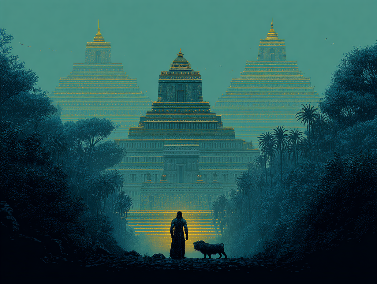 Gilgamesh, ancient king of Uruk, standing before the great cedar forest with Mesopotamian temples at sunset