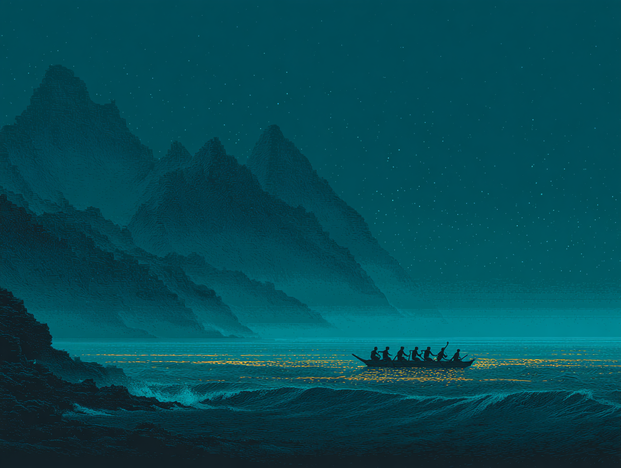 Ancient Polynesian navigators on an outrigger canoe crossing the vast Pacific Ocean at night