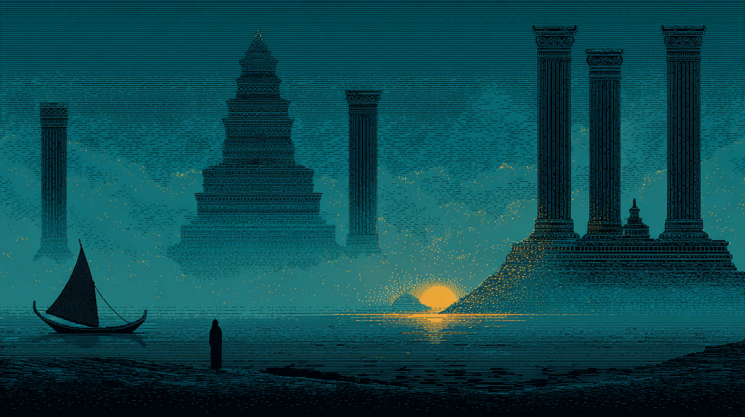 A lone ancient hero standing before a mythic sea, ethereal visions of civilizations merging